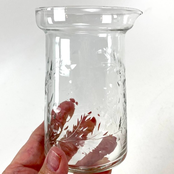 Depression Clear Glass Creamer with Metal Lid Etched Floral Vine - Picture 3 of 11